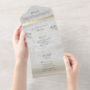 Invitation Tout En Un Mariage de plage minimal moderne en or