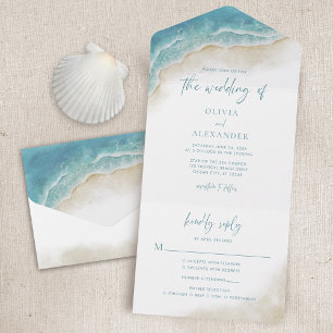 Invitation Tout En Un Mariage de plage océanique estivale à l'aquarelle