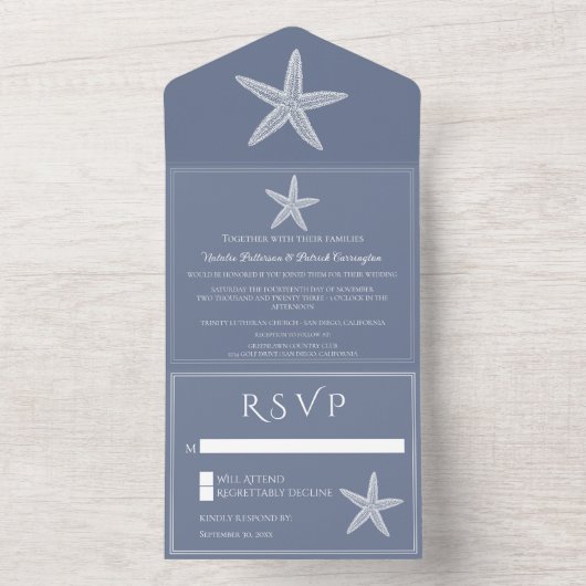 Invitation Tout En Un Mariage de poisson étoilé bleu Dusty (À l'intérieur)