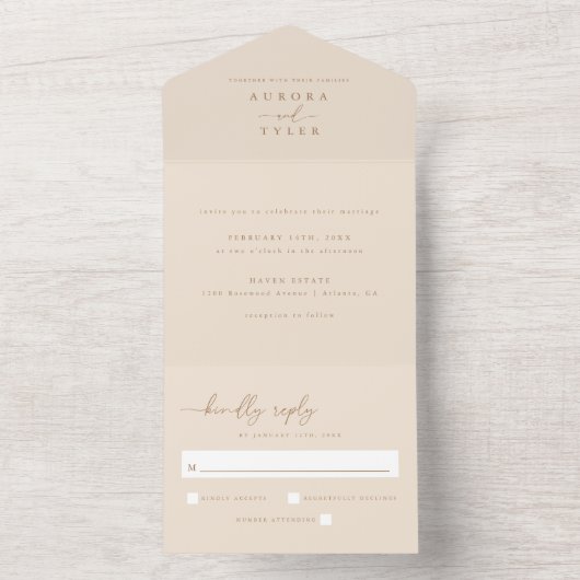 Invitation Tout En Un Mariage de script beige moderne (À l'intérieur)