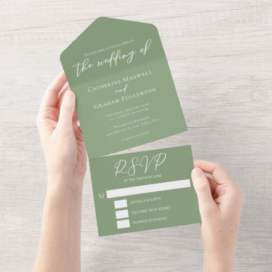 Invitation Tout En Un Mariage de script blanc Chic Sage Green (Déchirure)