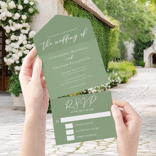 Invitation Tout En Un Mariage de script blanc Chic Sage Green
