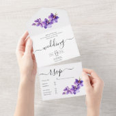 Invitation Tout En Un Mariage de script blanc et violet orchidée (Déchirure)