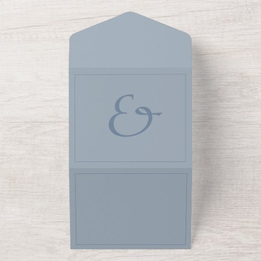 Invitation Tout En Un Mariage de script bleu poussiéreux minimal (Dehors)