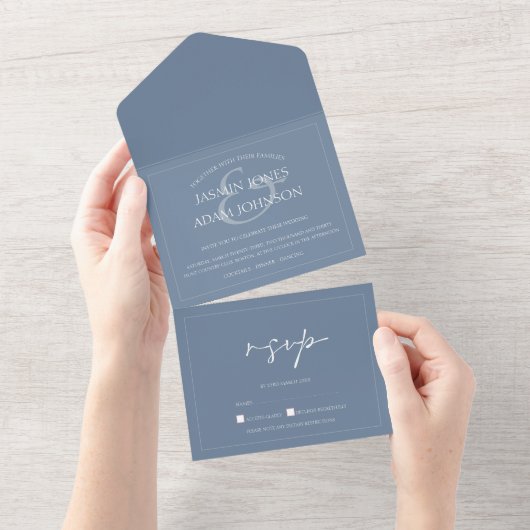 Invitation Tout En Un Mariage de script bleu poussiéreux minimal (Déchirure)