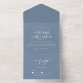 Invitation Tout En Un Mariage de script bleu poussiéreux minimal (À l'intérieur)