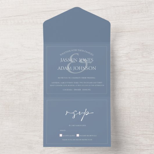 Invitation Tout En Un Mariage de script bleu poussiéreux minimal (À l'intérieur)