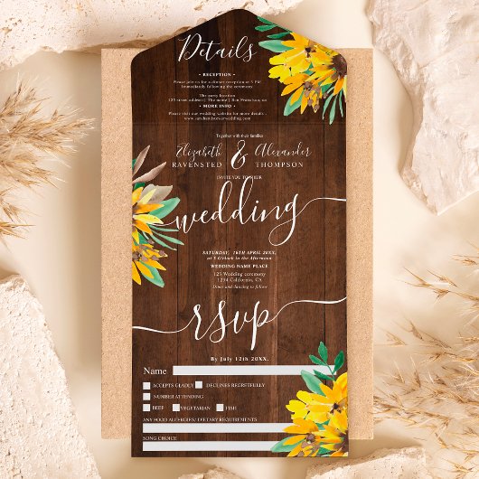 Invitation Tout En Un Mariage de script de bois de tournesol rustique