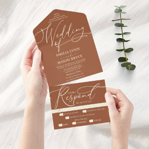 Invitation Tout En Un Mariage de script de calligraphie en terre cuite e