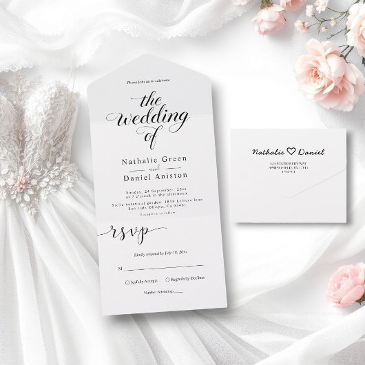 Invitation Tout En Un Mariage de script de calligraphie noir et blanc