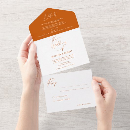 Invitation Tout En Un Mariage de script de calligraphie orange brûlée mo (Déchirure)