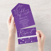 Invitation Tout En Un Mariage de script de calligraphie violet et blanc (Déchirure)
