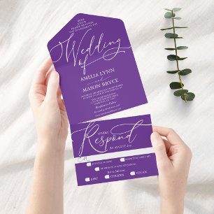 Invitation Tout En Un Mariage de script de calligraphie violet et blanc