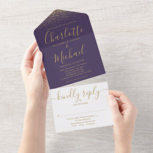 Invitation Tout En Un Mariage De Script De Parties scintillant Purple Et