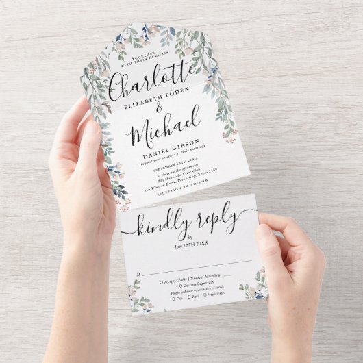 Invitation Tout En Un Mariage de script de signature florale Monogramme (Déchirure)