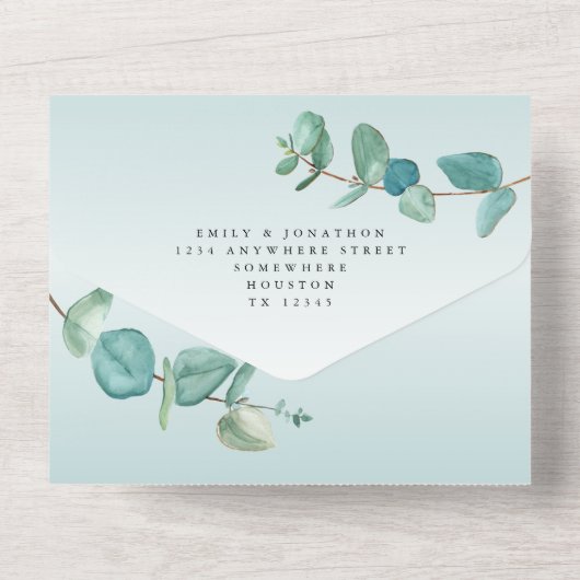 Invitation Tout En Un Mariage de script élégant Blue Eucalyptus Branch (Verso)