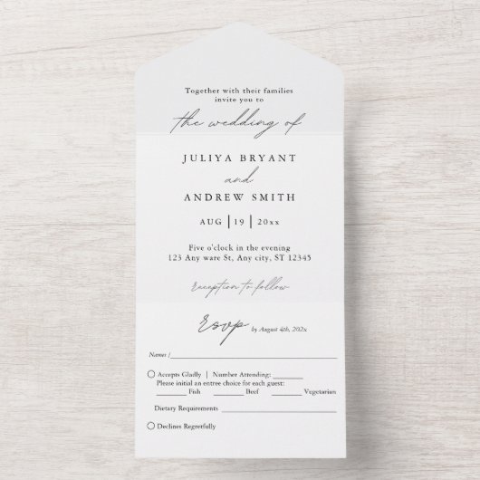 Invitation Tout En Un Mariage de script en noir et blanc (À l'intérieur)