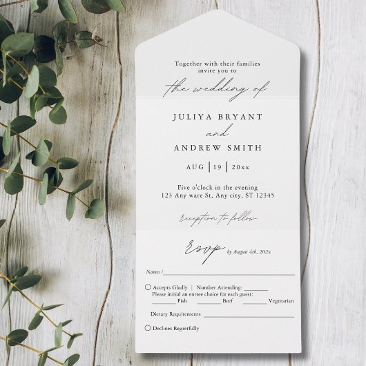 Invitation Tout En Un Mariage de script en noir et blanc
