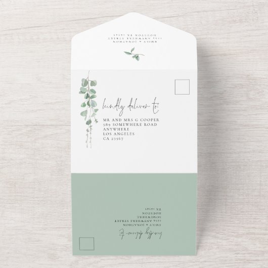 Invitation Tout En Un Mariage de script Eucalyptus moderne (Dehors)