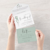 Invitation Tout En Un Mariage de script Eucalyptus moderne (Déchirure)