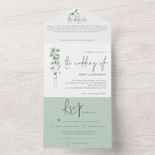 Invitation Tout En Un Mariage de script Eucalyptus moderne (À l'intérieur)
