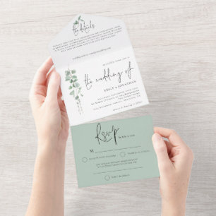 Invitation Tout En Un Mariage de script Eucalyptus moderne