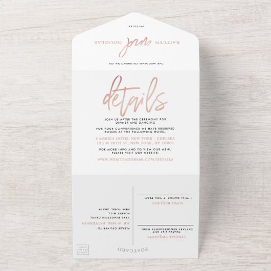 Invitation Tout En Un Mariage de script Gold Rose moderne (Dehors)