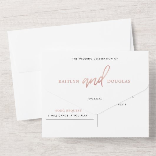 Invitation Tout En Un Mariage de script Gold Rose moderne (Verso)