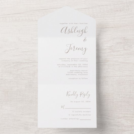Invitation Tout En Un Mariage de script minimal moderne (À l'intérieur)