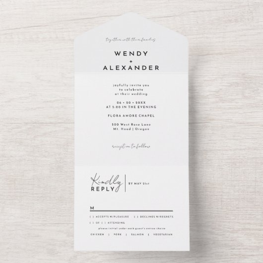 Invitation Tout En Un Mariage de script moderne blanc (À l'intérieur)