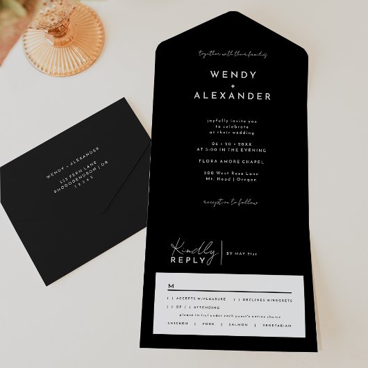 Invitation Tout En Un Mariage de script moderne noir tout en une invitat