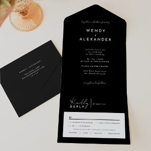 Invitation Tout En Un Mariage de script moderne noir tout en une invitat