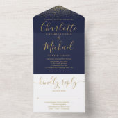 Invitation Tout En Un Mariage De Script Parties scintillant Bleu Et Or M (À l'intérieur)