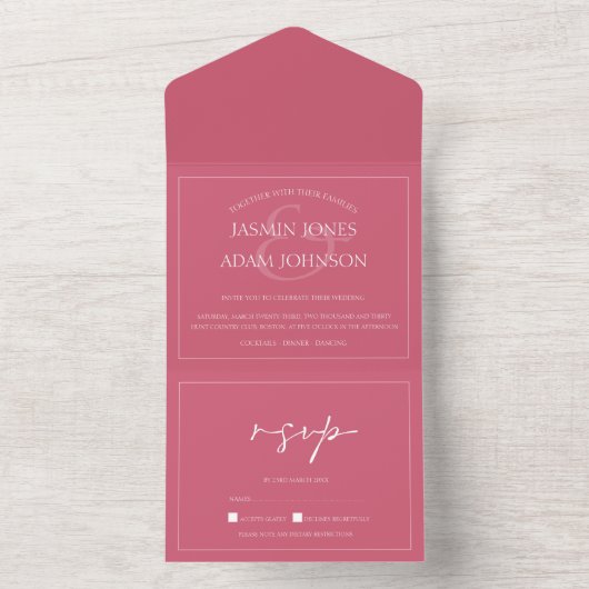 Invitation Tout En Un Mariage de script rose magenta minimal (À l'intérieur)