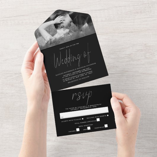 Invitation Tout En Un Mariage de script Silver moderne (Déchirure)