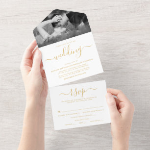 Invitation Tout En Un Mariage de script simple Gold & White moderne