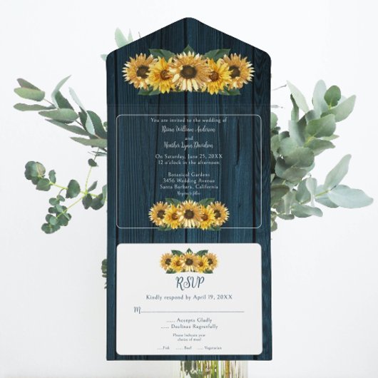 Invitation Tout En Un Mariage de tournesol bleu rustique