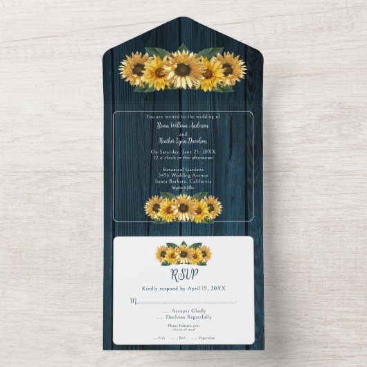 Invitation Tout En Un Mariage de tournesol bleu rustique (À l'intérieur)
