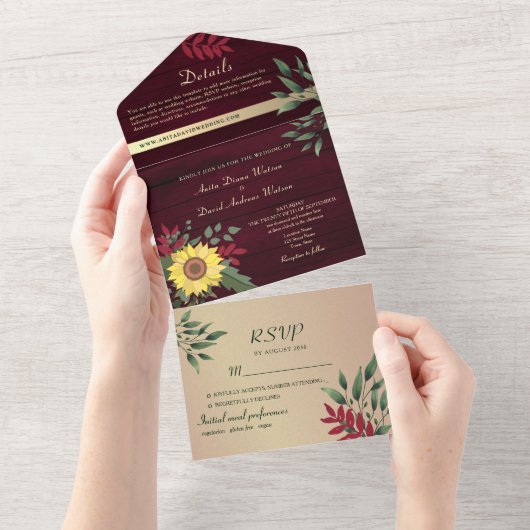 Invitation Tout En Un Mariage de tournesol de Bourgogne rustique (Déchirure)