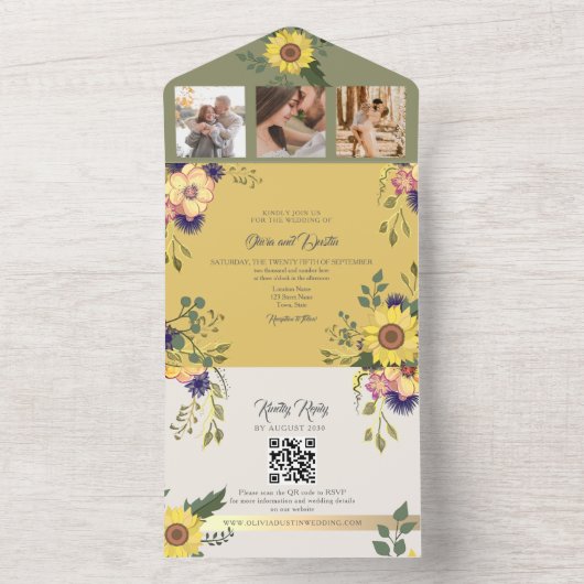 Invitation Tout En Un Mariage de tournesol gris et jaune (À l'intérieur)