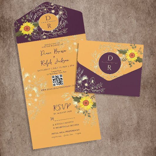 Invitation Tout En Un Mariage de tournesol jaune et violet