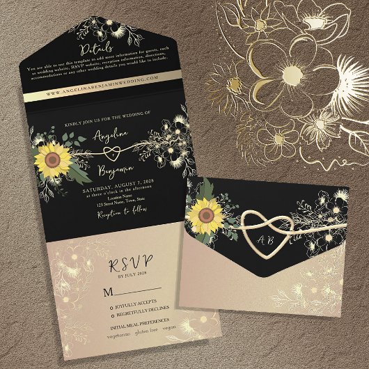 Invitation Tout En Un Mariage de tournesol noir et or