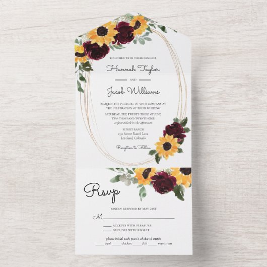 Invitation Tout En Un Mariage de tournesol rustique avec RSVP (À l'intérieur)