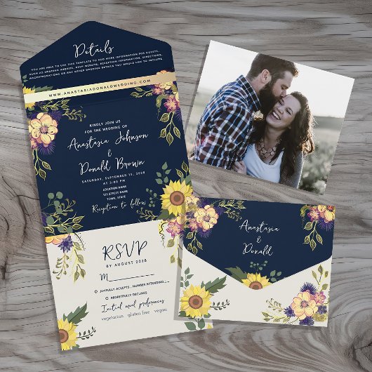 Invitation Tout En Un Mariage de tournesol rustique bleu marine
