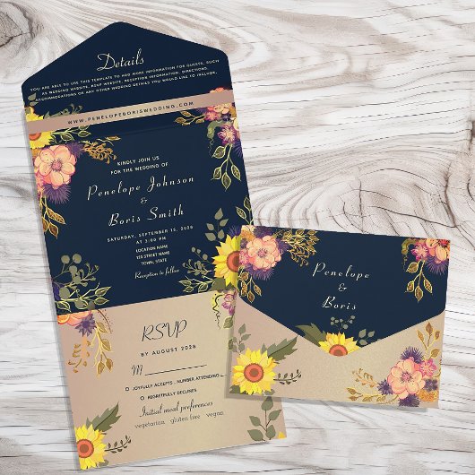 Invitation Tout En Un Mariage de tournesol rustique bleu marine