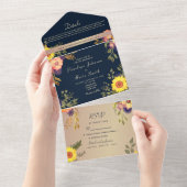 Invitation Tout En Un Mariage de tournesol rustique bleu marine (Déchirure)