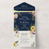 Invitation Tout En Un Mariage de tournesol rustique bleu marine (À l'intérieur)