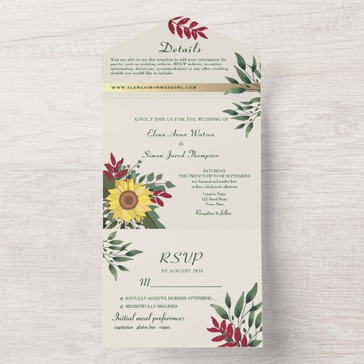 Invitation Tout En Un Mariage de tournesol rustique Boho (À l'intérieur)