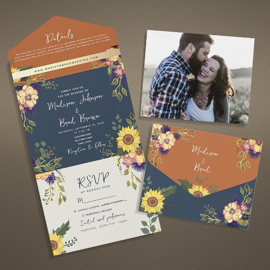 Invitation Tout En Un Mariage de tournesol rustique Navy et Terracotta