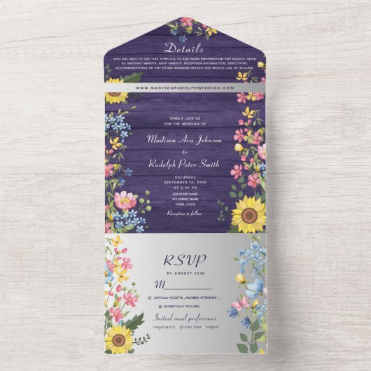 Invitation Tout En Un Mariage de tournesol rustique violet (À l'intérieur)